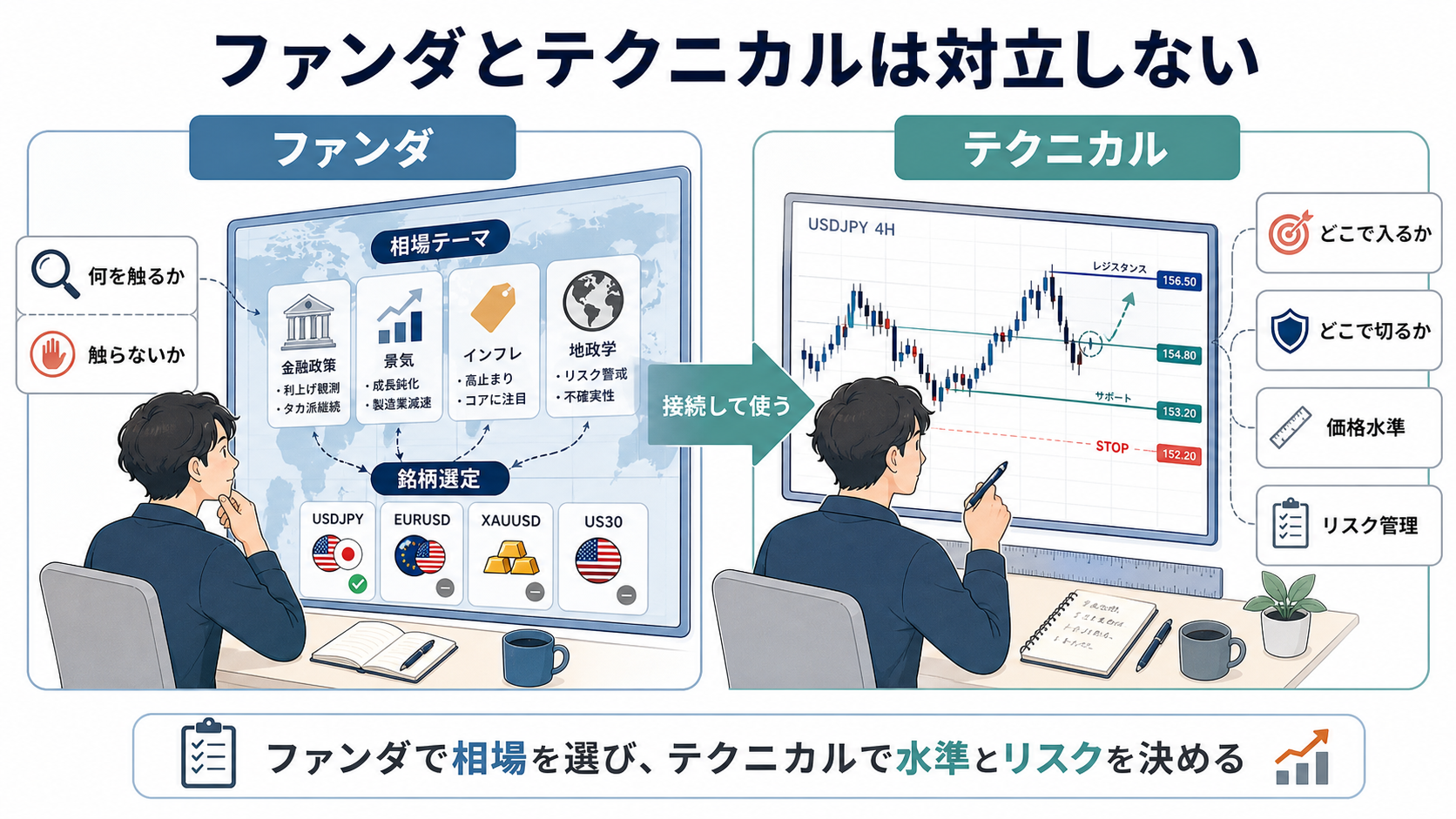 ファンダとテクニカルの役割分担を説明する教材図版